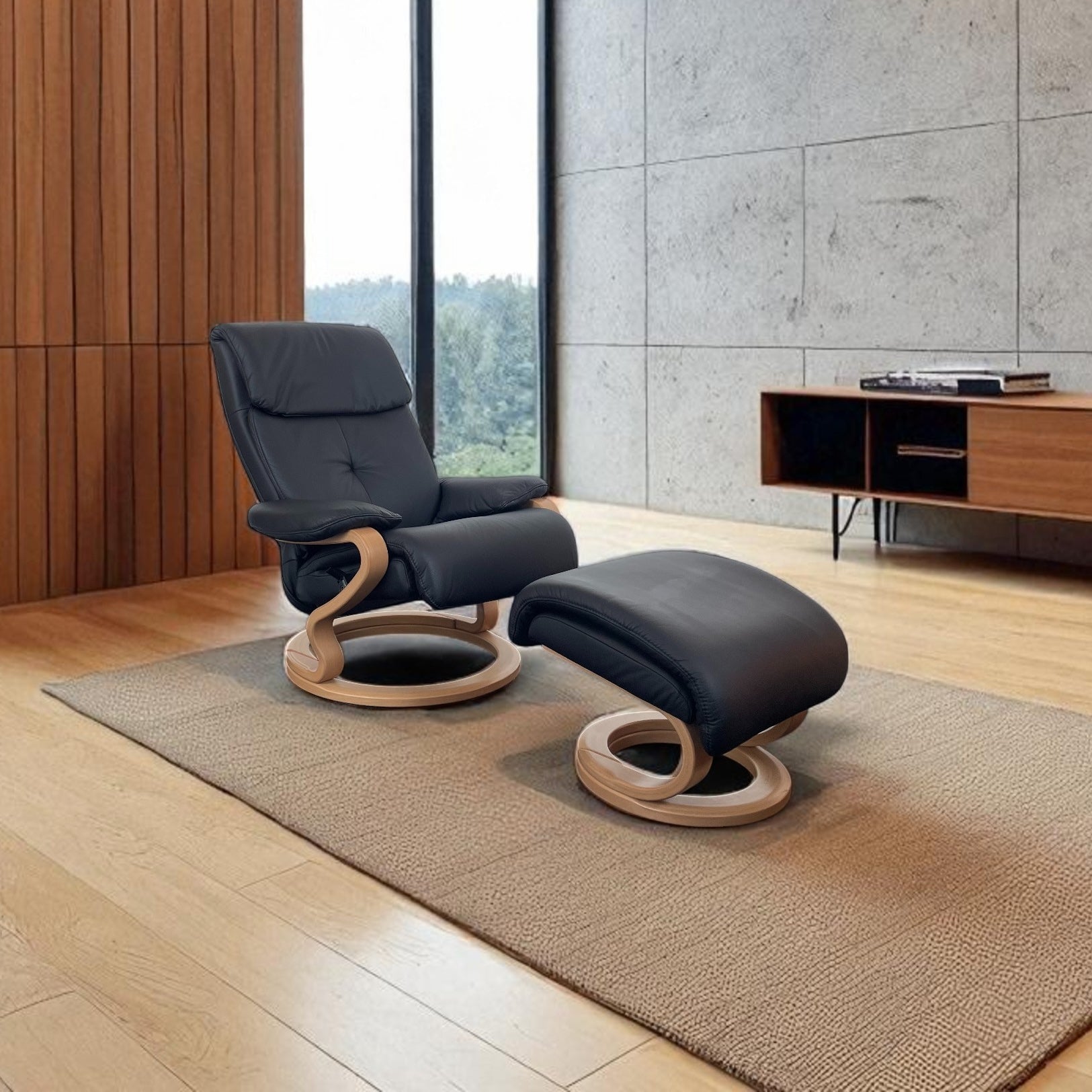 Sessel Himolla 7037 ZeroStress – Leder Black, mit passendem Fußhocker