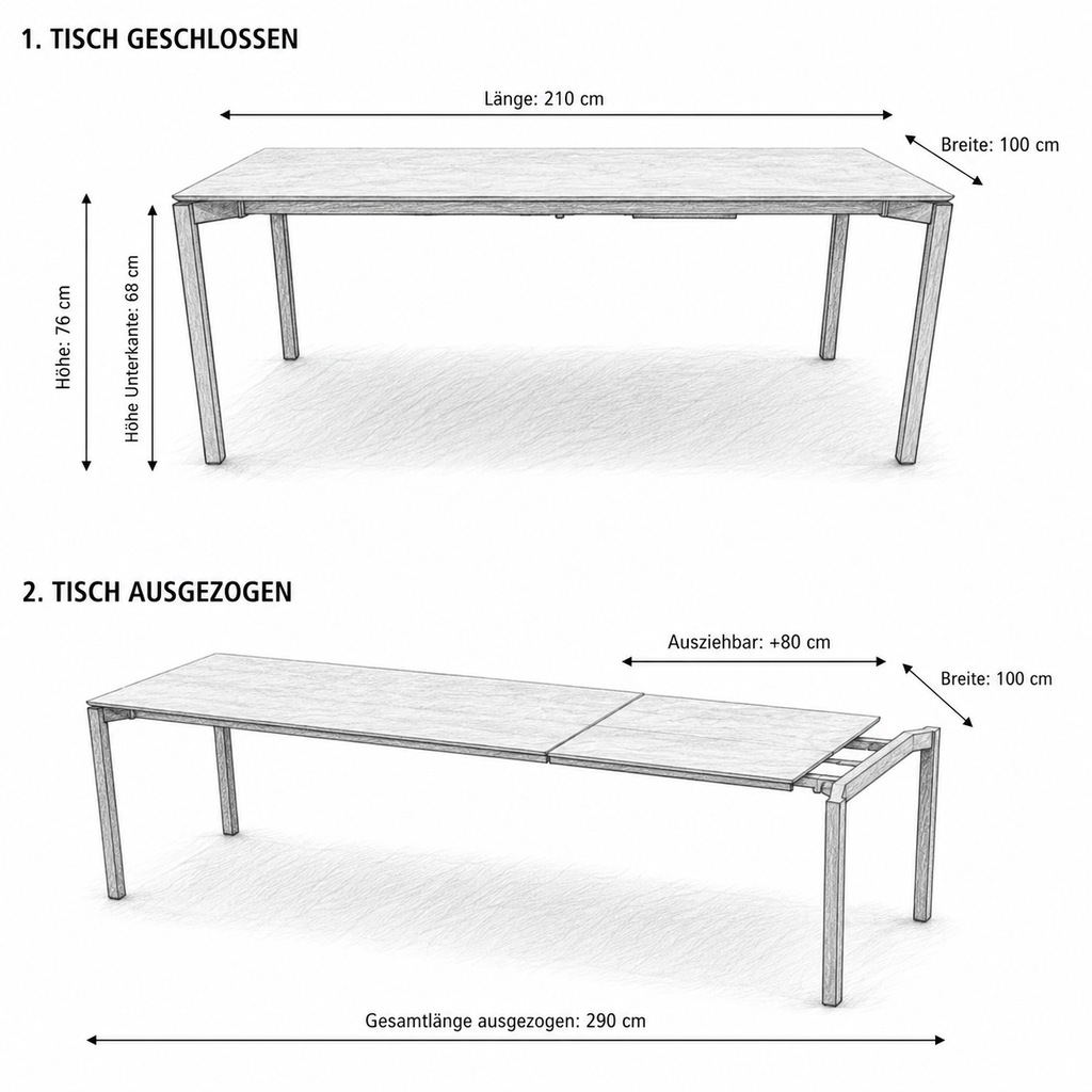 Lavida Tokio Auszugstisch – Keramik Grigia (210×100 + 80 cm)