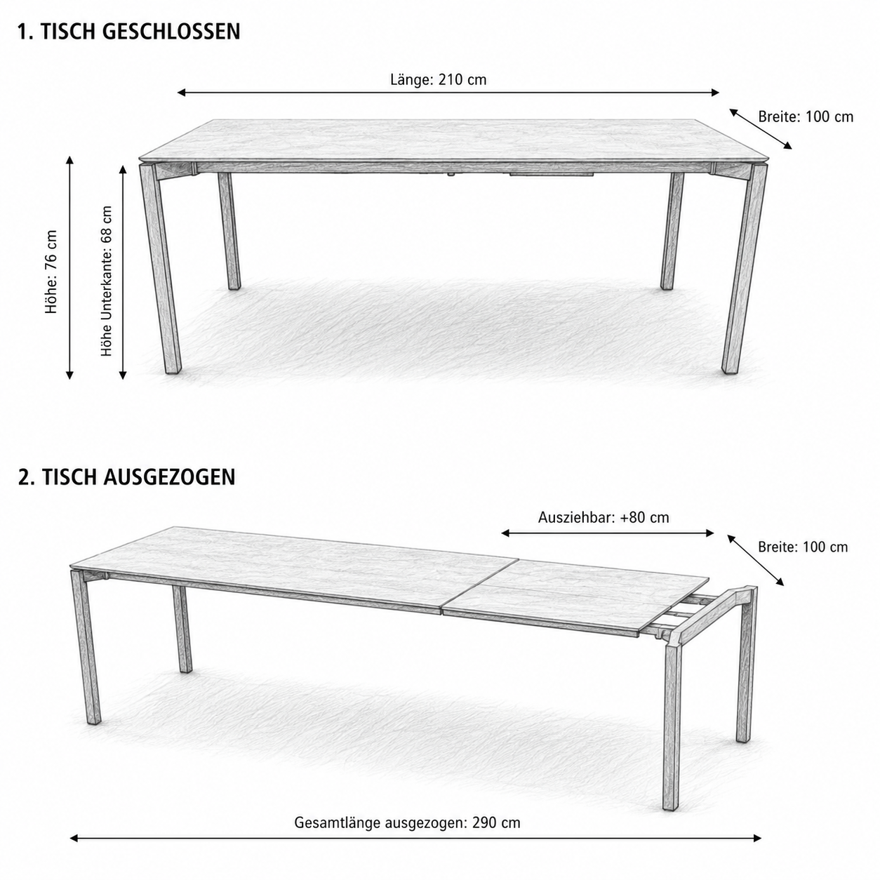 Lavida Tokio Auszugstisch – Keramik Grigia (210×100 + 80 cm)