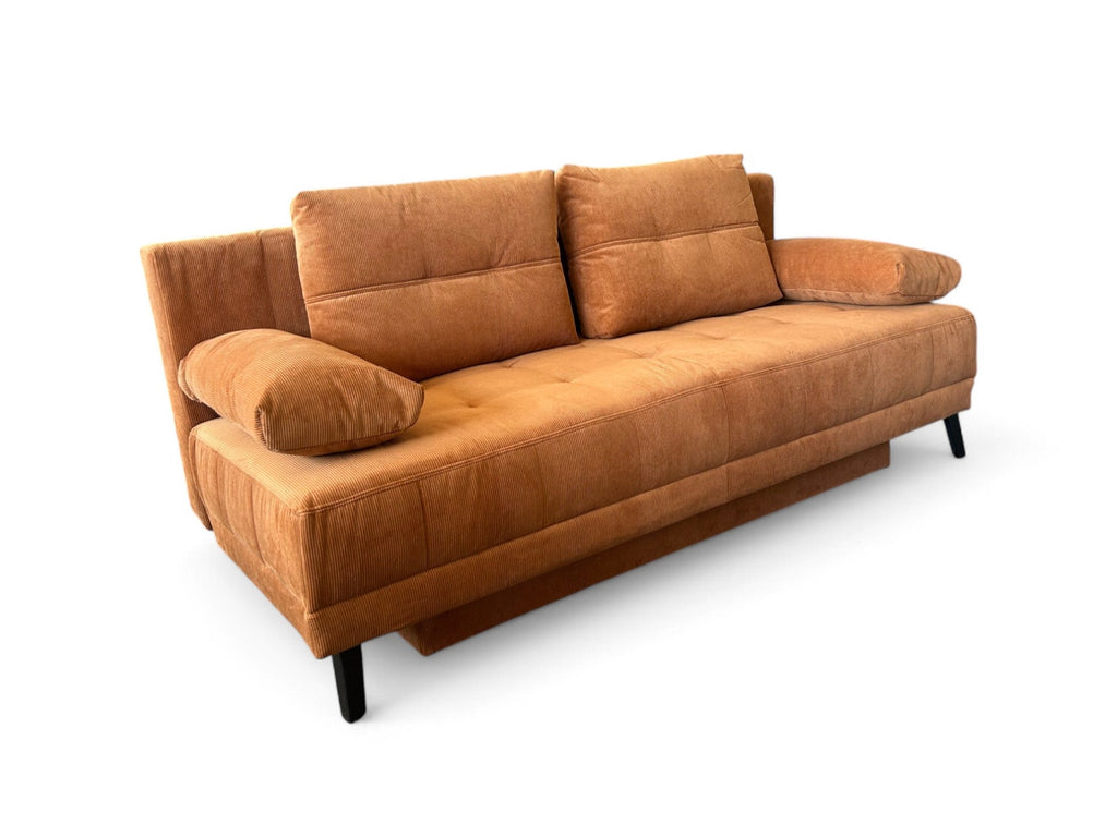 Schlafsofa LIAM – Cordstoff Kupfer – 195 cm breit – modernes Sofa mit Schlaffunktion & Bettkasten