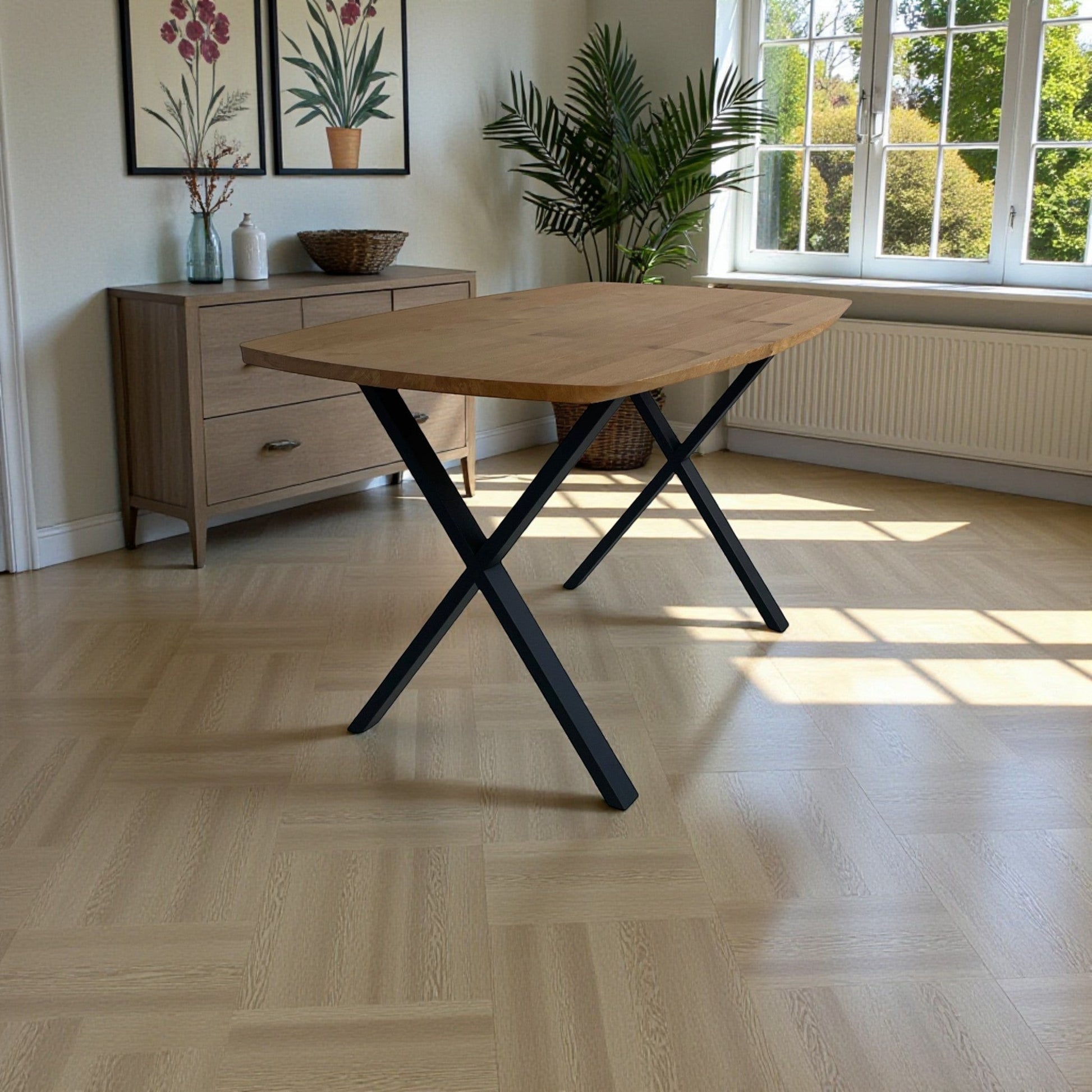 Profischnapp.de Lavida Freiform dining table with solid wild oak top and black cross base, 140x80 cm.