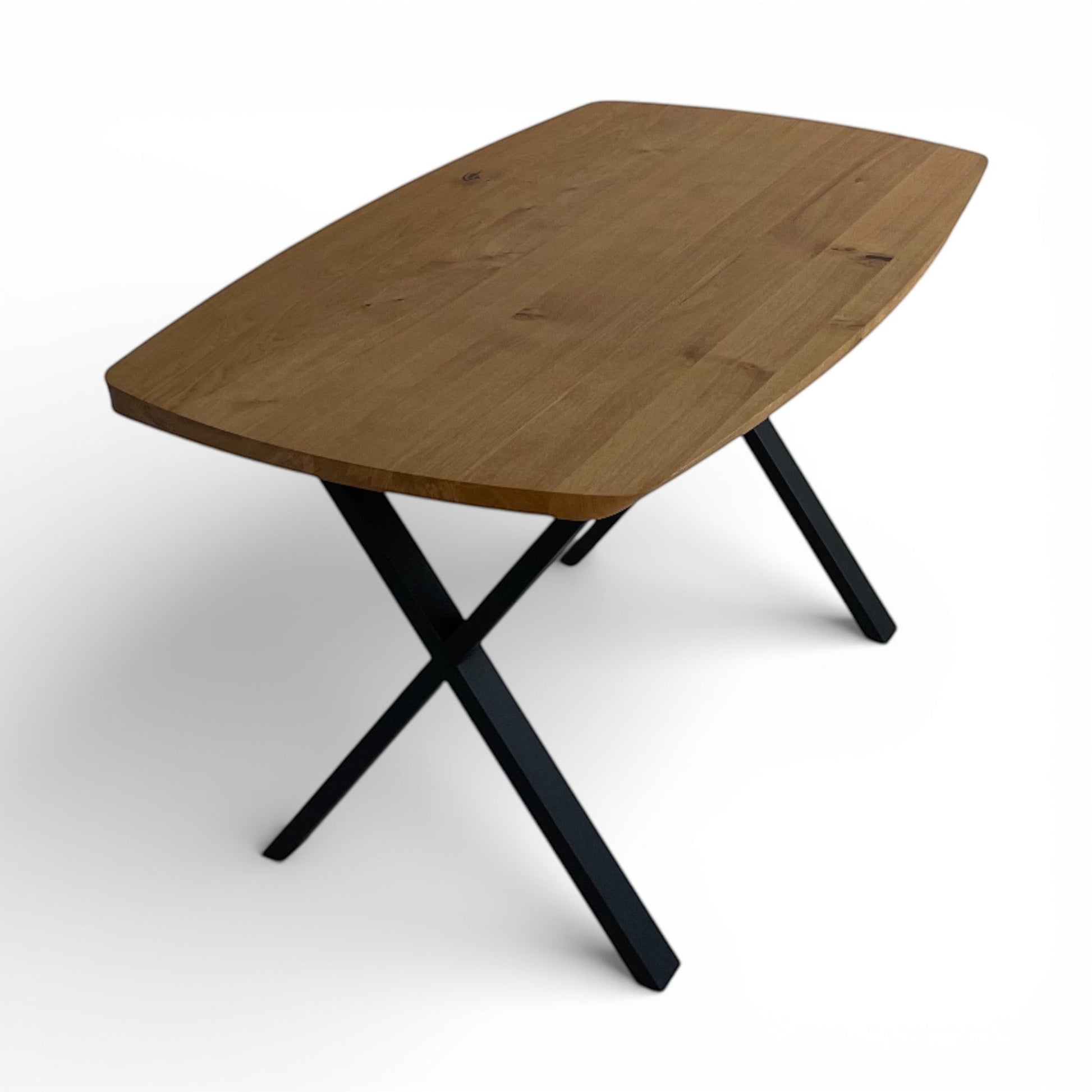 Profischnapp.de boat-shaped solid wild oak dining table with black cross legs, 140x80 cm.