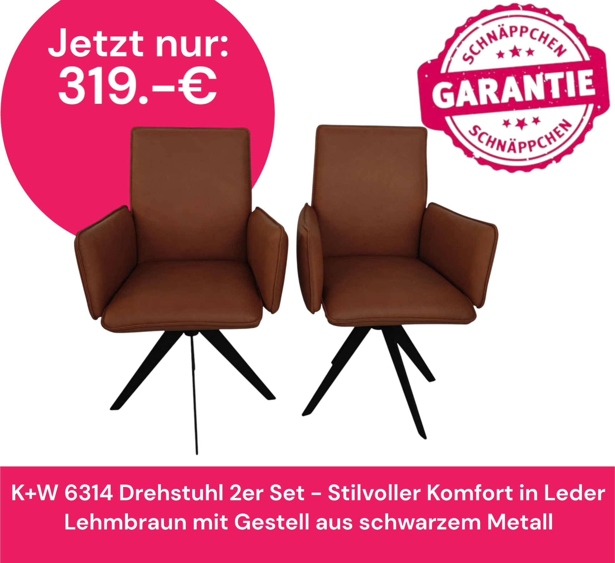 K+W 6314 Drehstuhl 2er Set - Stilvoller Komfort in Leder Lehmbraun mit Gestell aus schwarzem Metall