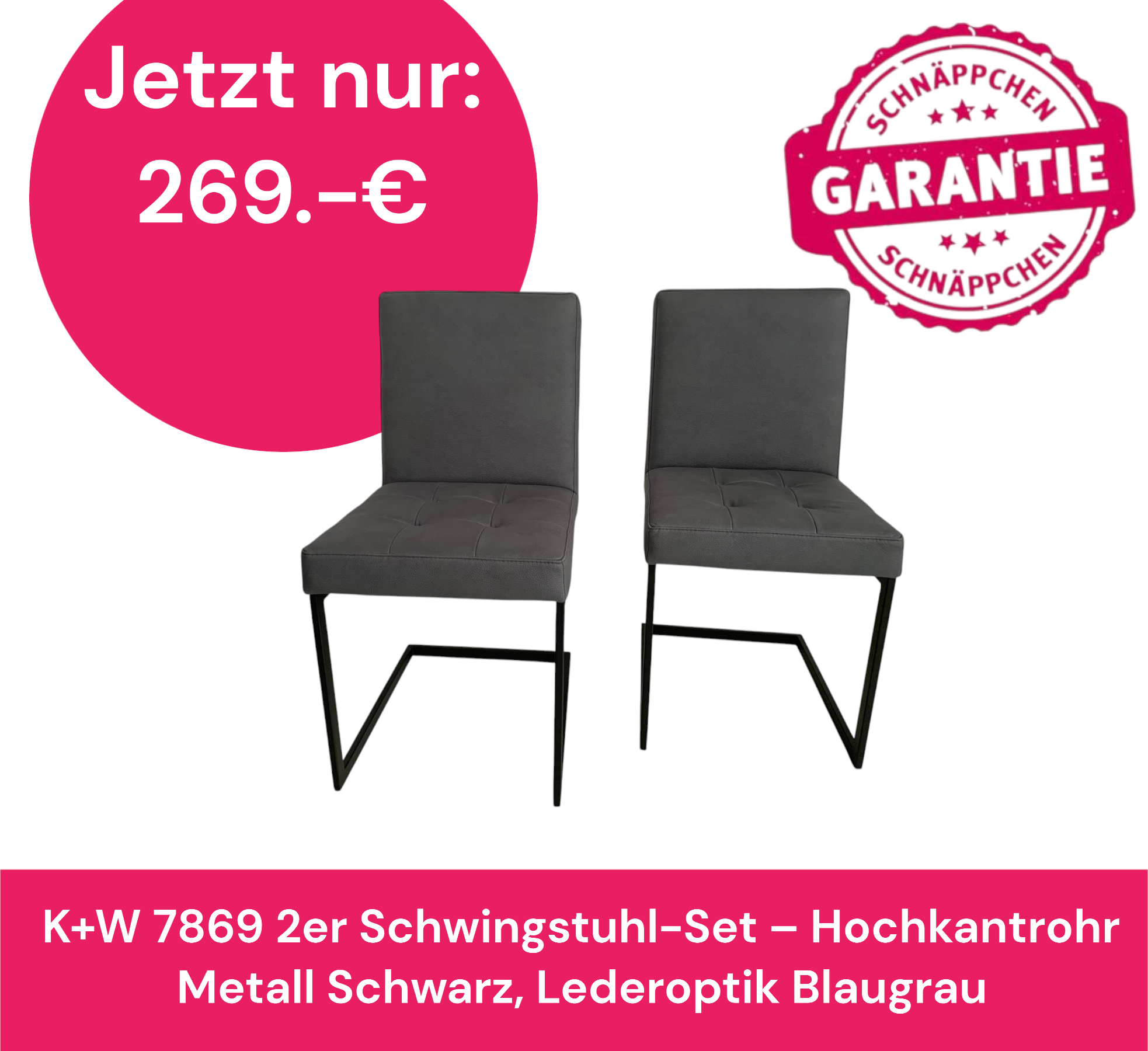 K+W 7869 2er Schwingstuhl-Set – Hochkantrohr Metall Schwarz, Lederoptik graublau