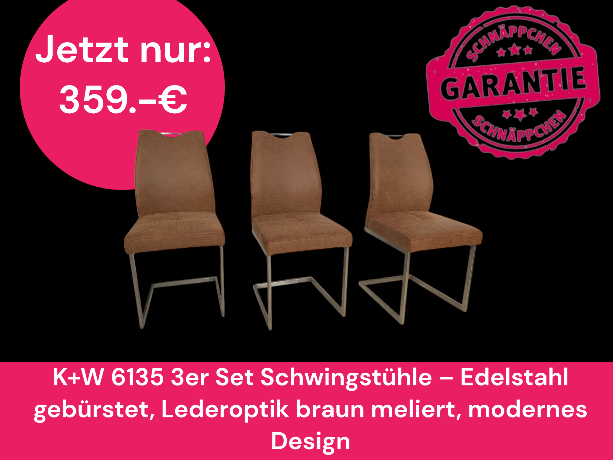 K+W 6135 3er Set Schwingstühle – Edelstahl gebürstet, Lederoptik braun meliert, modernes Design