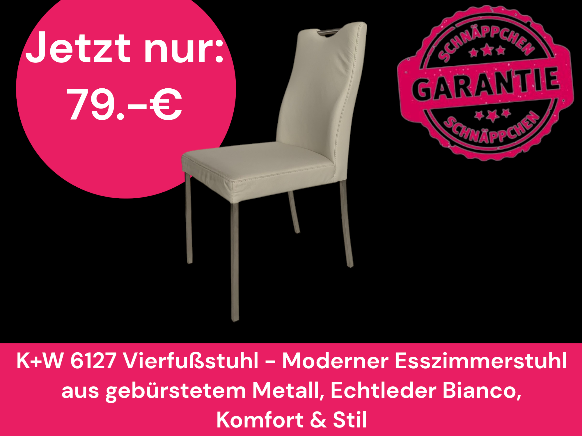 K+W 6127 Vierfußstuhl - Moderner Esszimmerstuhl aus gebürstetem Metall, Echtleder Bianco, Komfort & Stil