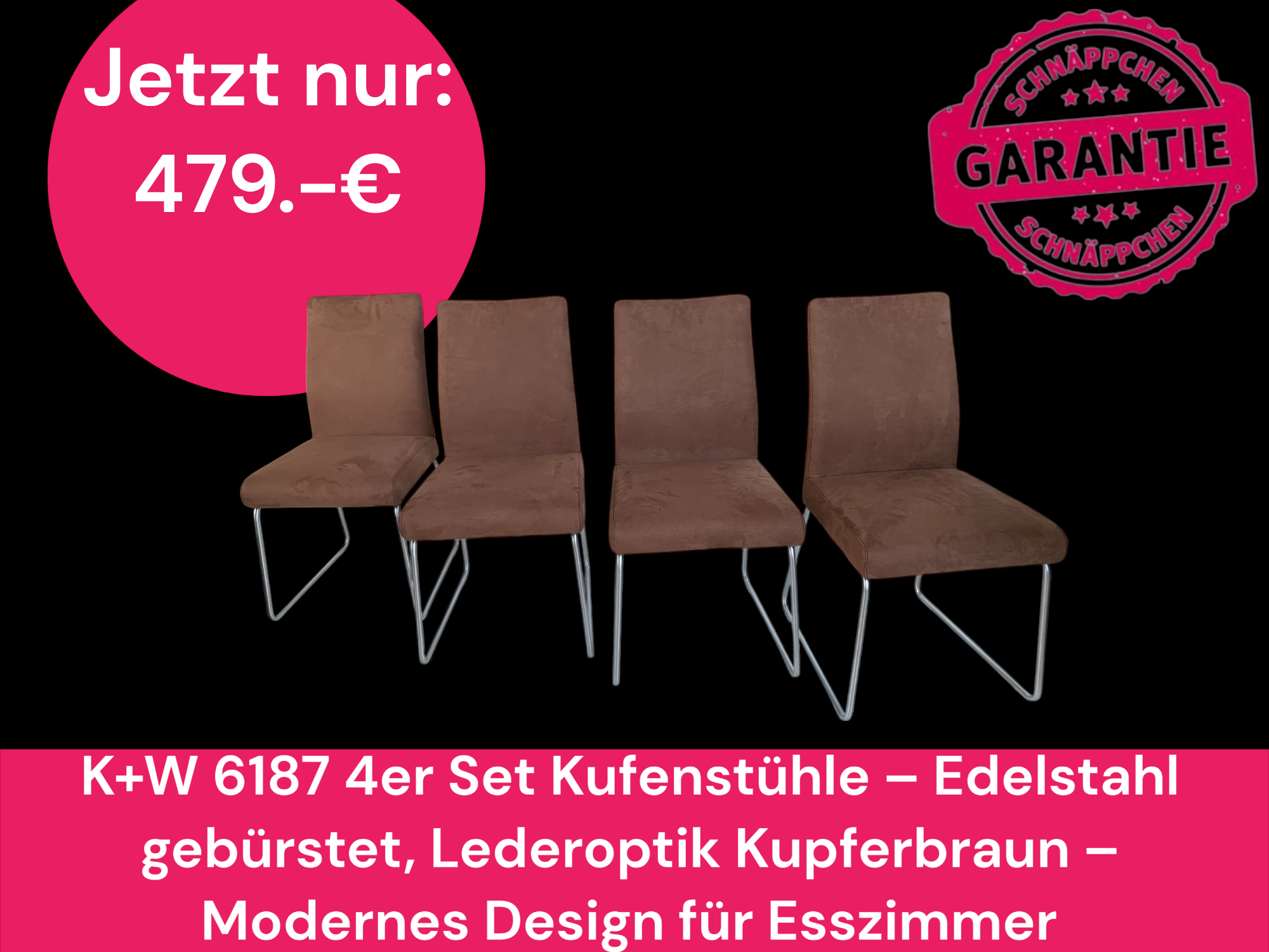 K+W 6187 4er Set Kufenstühle – Edelstahl gebürstet, Lederoptik Kupferbraun – Modernes Design für Esszimmer