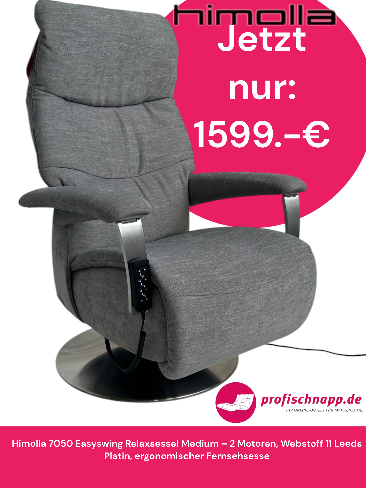 Himolla 7050 Easyswing Relaxsessel Medium – 2 Motoren, Webstoff 11 Leeds Platin, ergonomischer Fernsehsessel