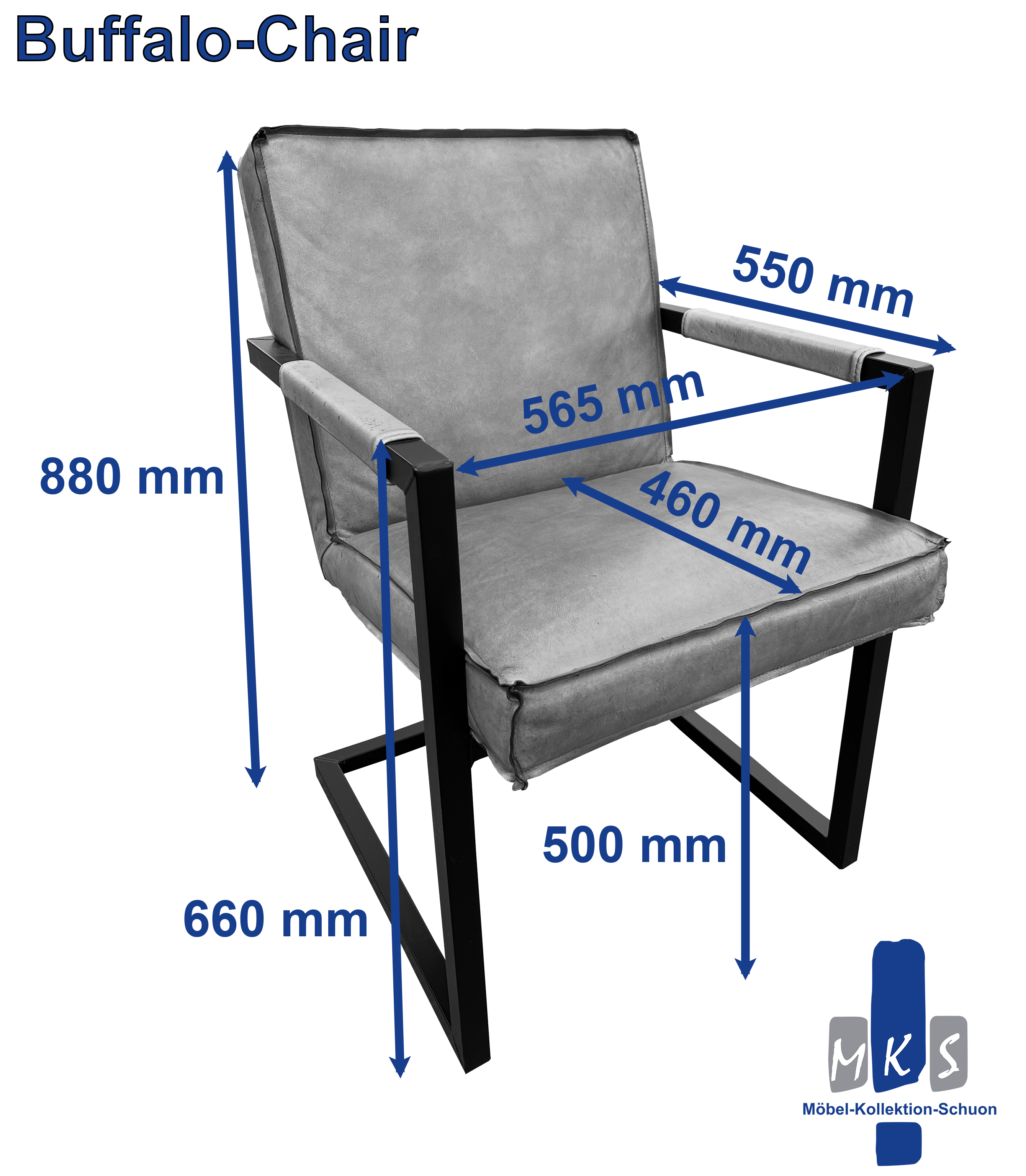 Echtlederstuhl Freischwinger by MKS – Büffelleder Anthrazit | Metallgestell Schwarz Matt