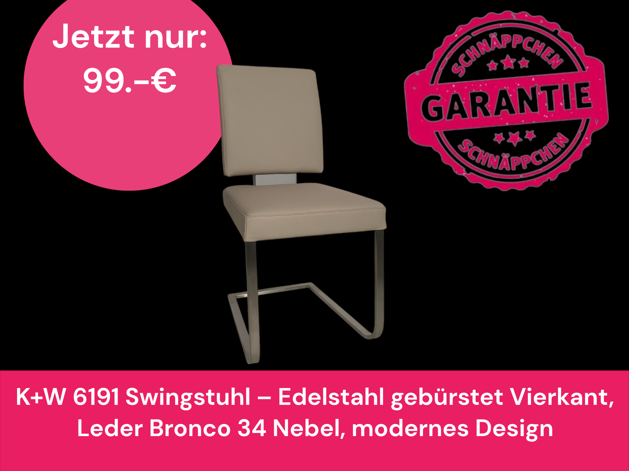 K+W 6191 Swingstuhl – Edelstahl gebürstet Vierkant, Leder Bronco 34 Nebel, modernes Design