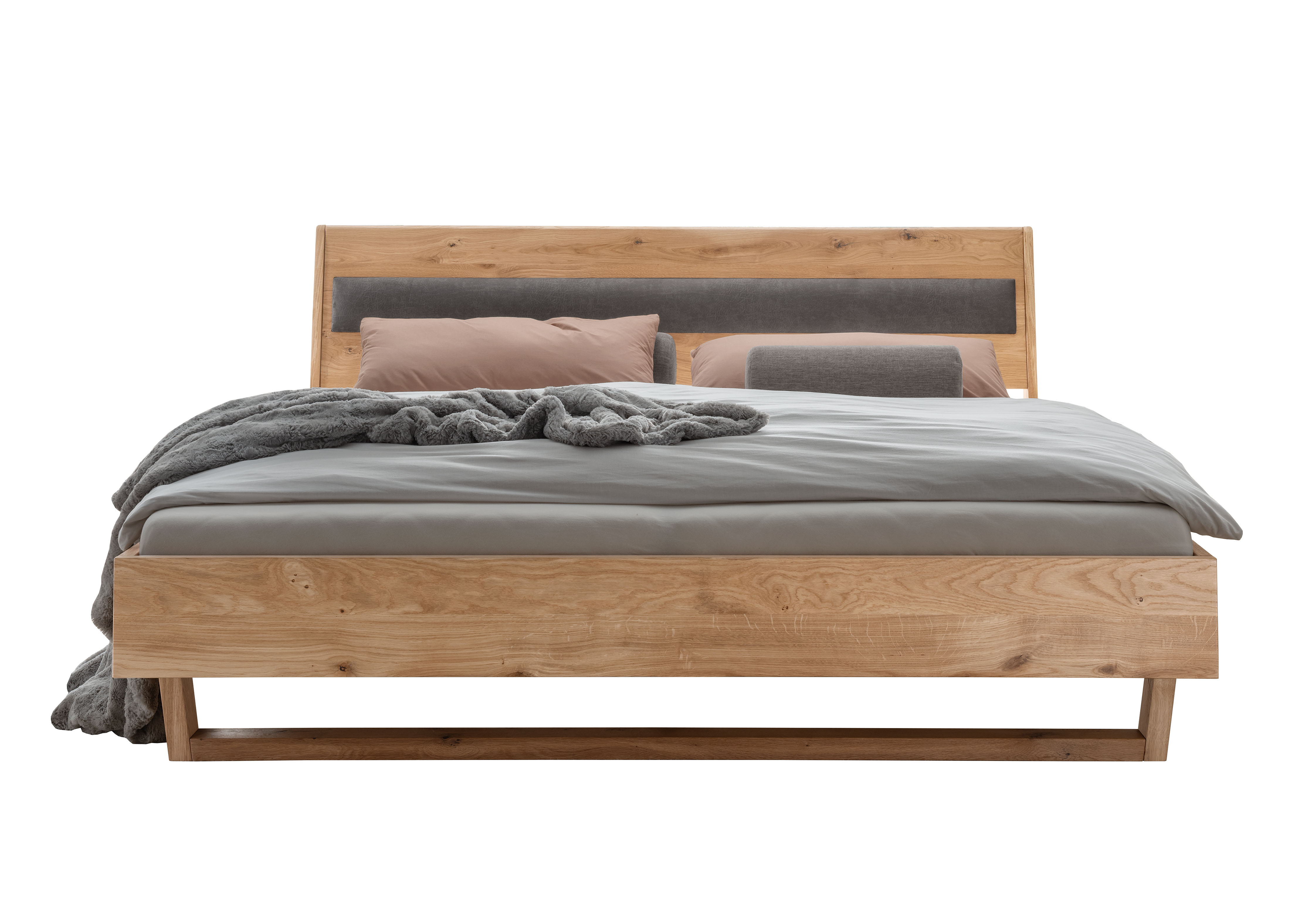 Bett "SchlafGut" aus massiver Wildeiche mit gepolstertem Holzkopfteil