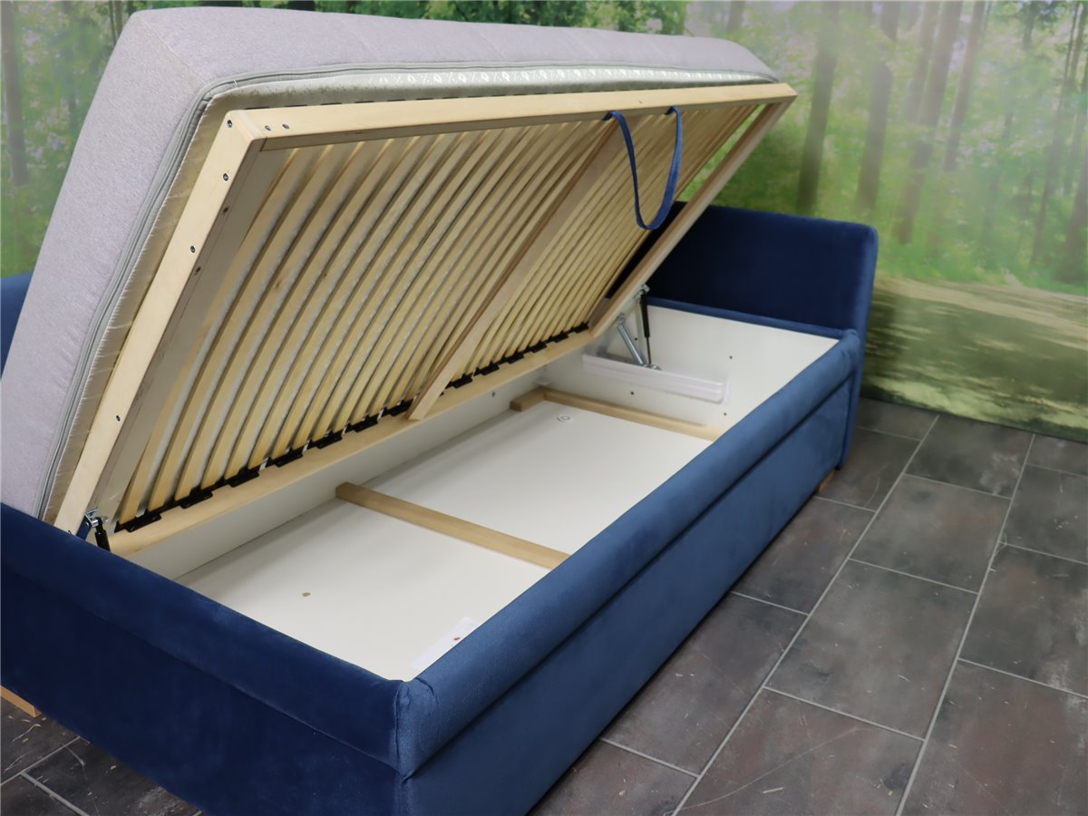 restyl  CANDICE  Bettsofa 100 x 200 Einzelliege Bettkasten  Taschenfederkern Samtvelours blau Sitz sand  *Fehlbestellung