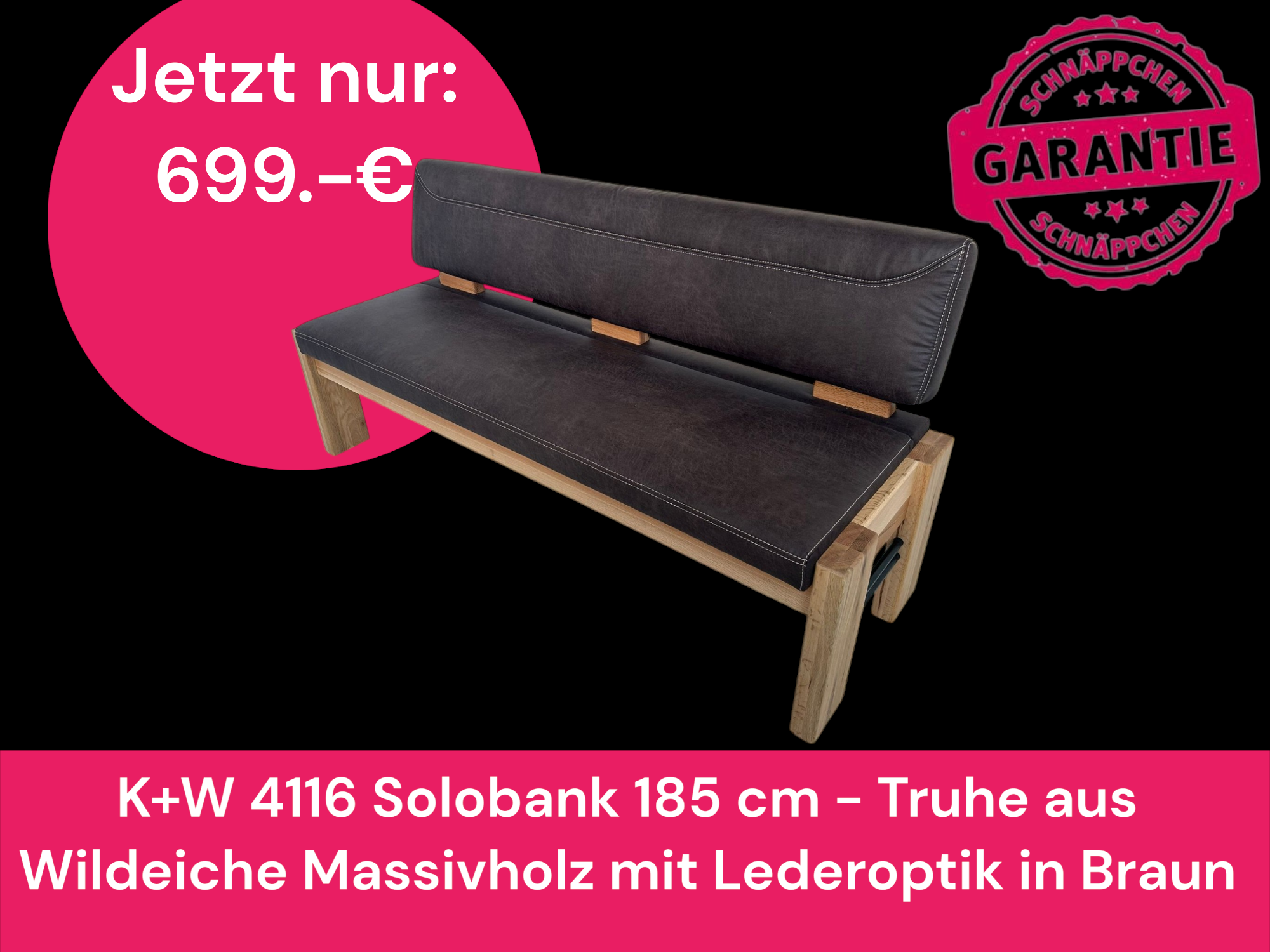 K+W 4116 Solobank 185 cm - Truhe aus Wildeiche Massivholz mit Lederoptik in Braun