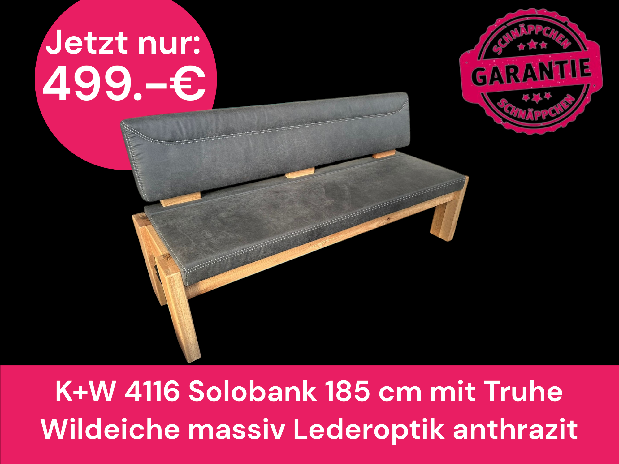 K+W 4116 Solobank 185 cm - Truhe aus Wildeiche Massivholz mit Lederoptik in Anthrazit 