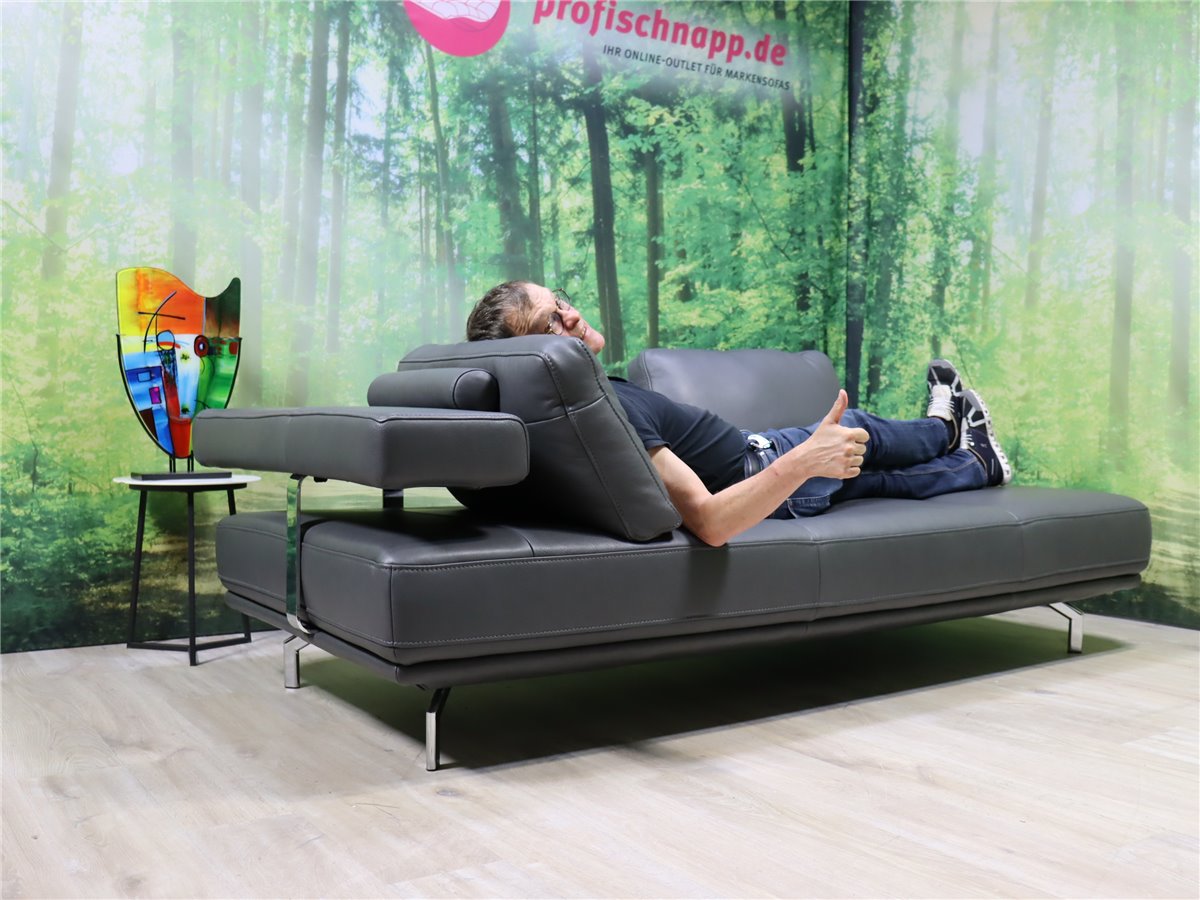 Hukla PURE 18072 Sofa  Chaise groß 2 Rückenkissen mit Rolle Leder Rodeo charcoal  *Mustersofa